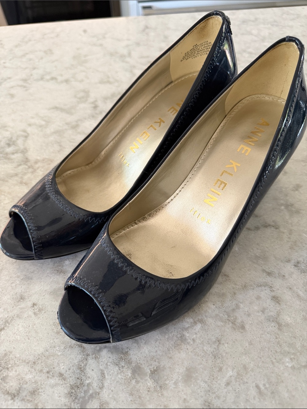 Anne Klein Navy Patent Peep-Toe Heels